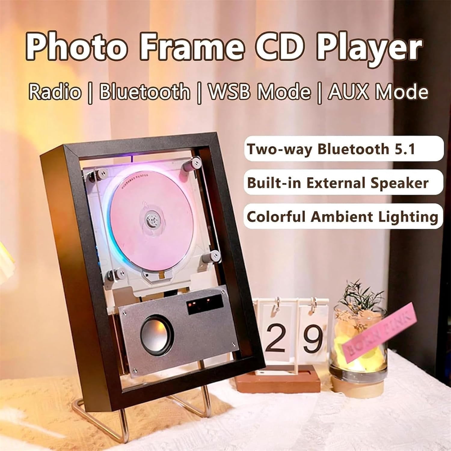 Wall Mountable CD Player, Music Frame Cd Player, Include CD, USB, FM, Two-Way Bluetooth 5.1, and AUX Modes, for Home/Corridor/Office/Wall Decor,Silver