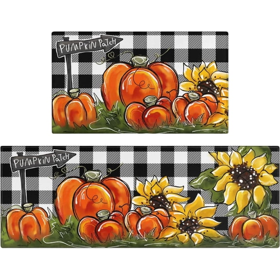 Fall Kitchen Rugs Set of 2,Pumpkin Patch Sunflower Thanksgiving Floor Mats and Rugs Non Skid Washable for Kitchen Home Decor,Fall Farmhouse Decorations and Accessories (17"x47" 17"x30")