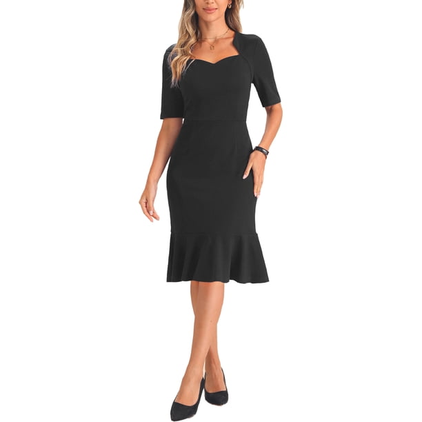 INSPIRAR CHIC Vestido Midi Bodycon de Sirena para Mujeres con Escote Corazón, Manga Corta, dobladillo de Cola de Pez, Vestido de Cóctel para Invitados de Boda Negro XS