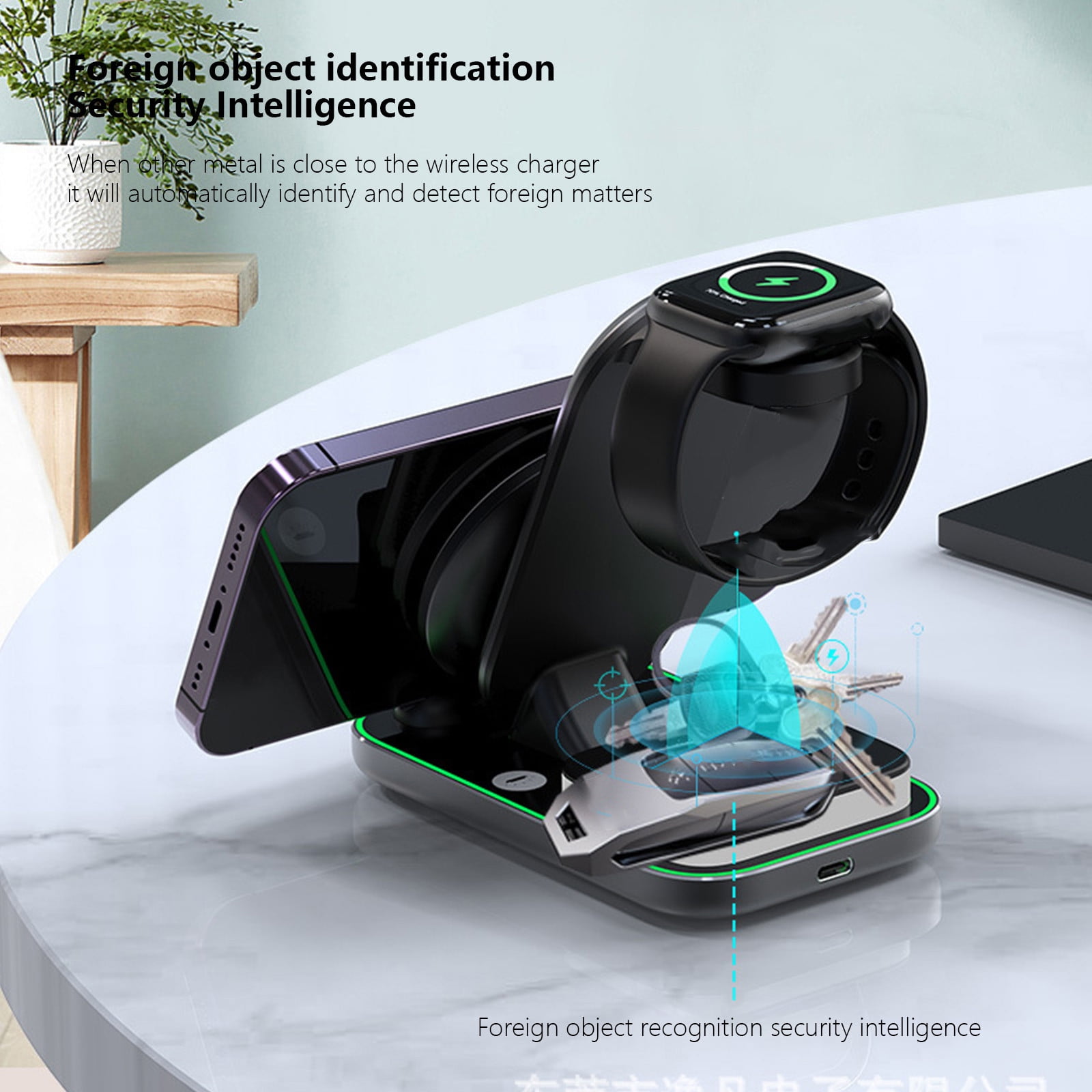 Oggfader Wireless Charger Stand Smart 15W Wireless Fast Charging Mobile Phone Watch Earphone Night Light 4 In 1 Wireless Charger Supports Android And IOS Mobile Phone Bracket