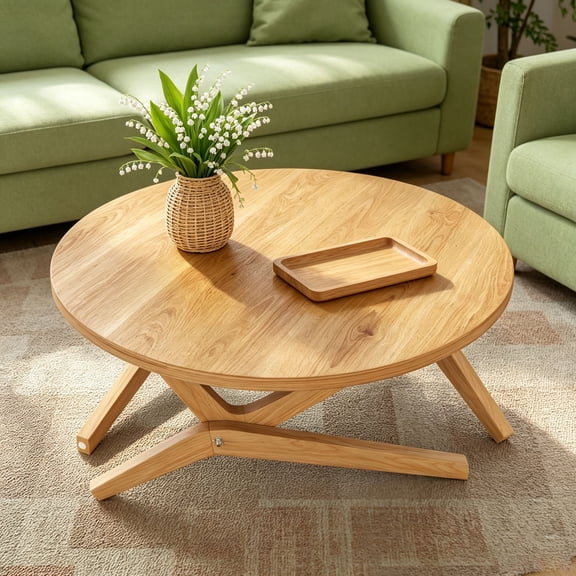 WanKaMom Folding Floor Table 2-in-1 Transformer, 34.5" Round Solid Wood Coffee Table, Adjustable Height Foldable Coffee Table
