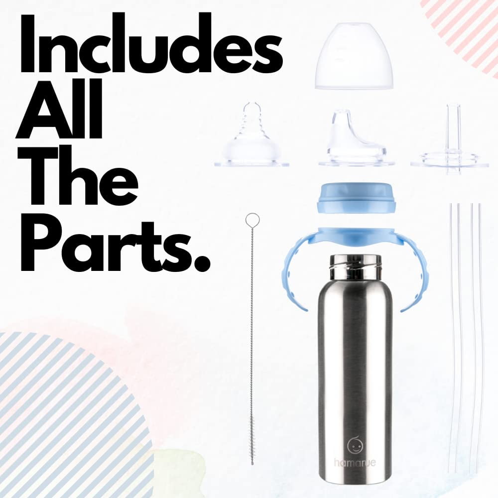 Hamarue 3-in-1 Stainless Steel Sippy Cups for Babies & Toddlers | Non-Toxic Insulated Baby Bottle | BPA-Free | Ages 3M+ | Evolving Feeding Solution