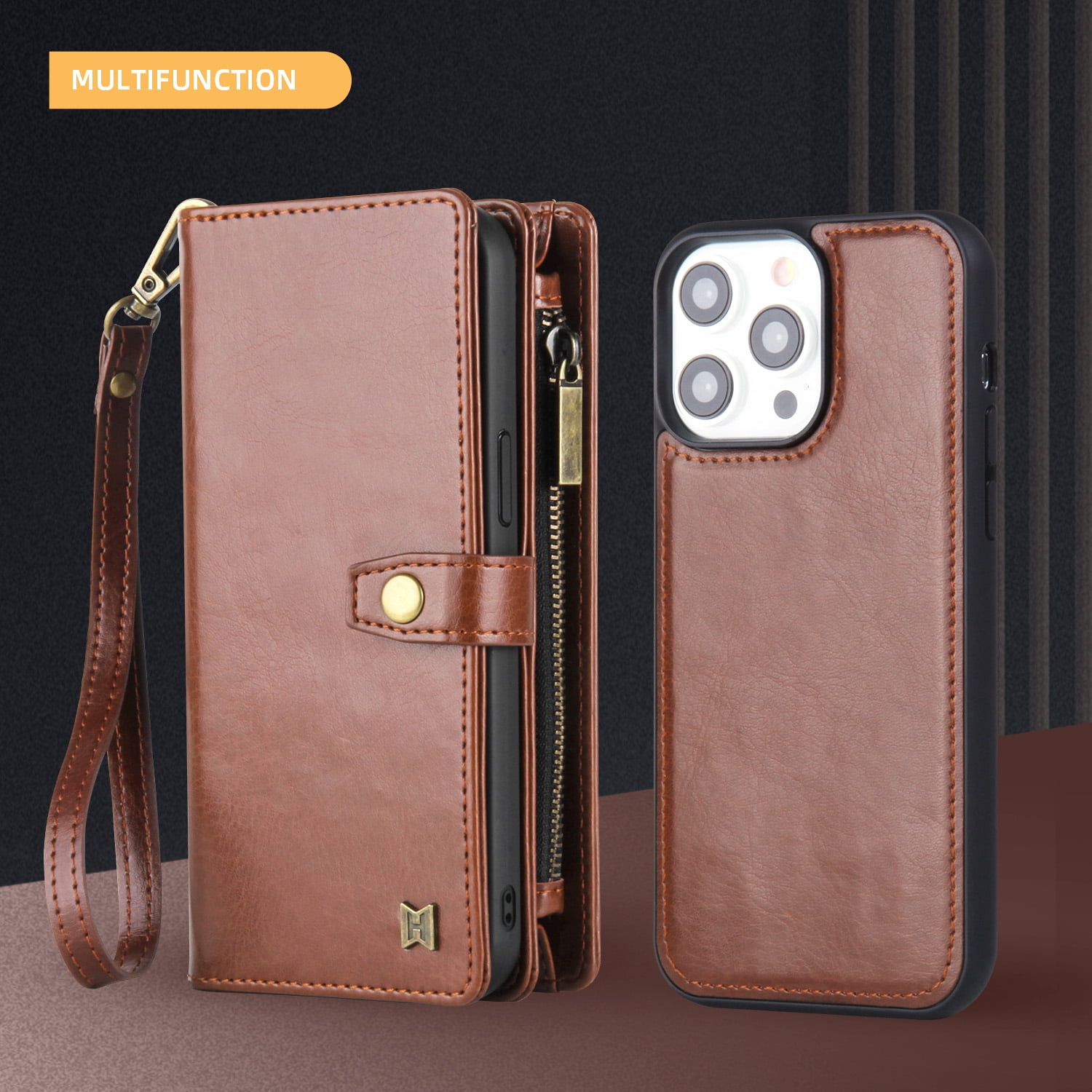 2 In 1 Wallet Phone Case for Apple iPhone 13 Pro Max, Detachable Magnetic Back Cover with Cards Holder Zipper Pocket Hand Wrist RFID Blocking Snap Closure Shockproof Case for iPhone 13 Pro Max, Brown