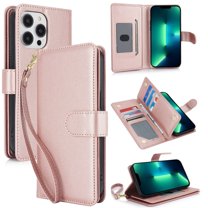 For iPhone 13 Pro Max 6.7" Wallet Case Leather Magnetic Flip Cover with Card Slots, RFID Blocking, Kickstand, Anti-Drop TPU & Detachable Wrist Strap,Rose Gold,For iPhone 13 Pro Max