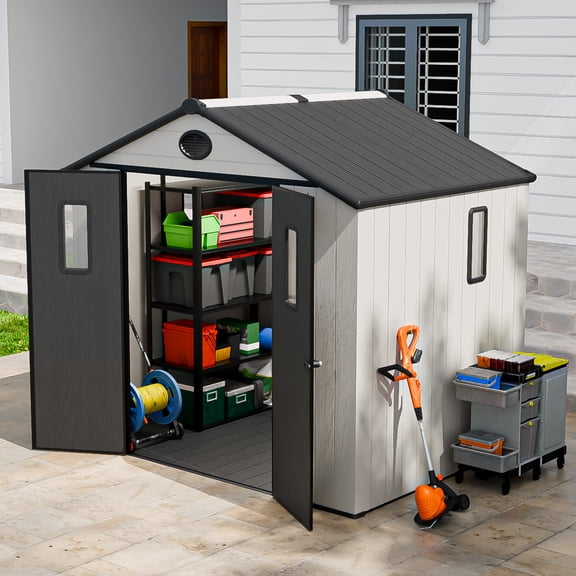 INTER HUT 8 x 6 FT Resin Outdoor Storage Shed, Large Waterproof Resin Outdoor Sheds with Lockable Doors and Windows, White/Gray