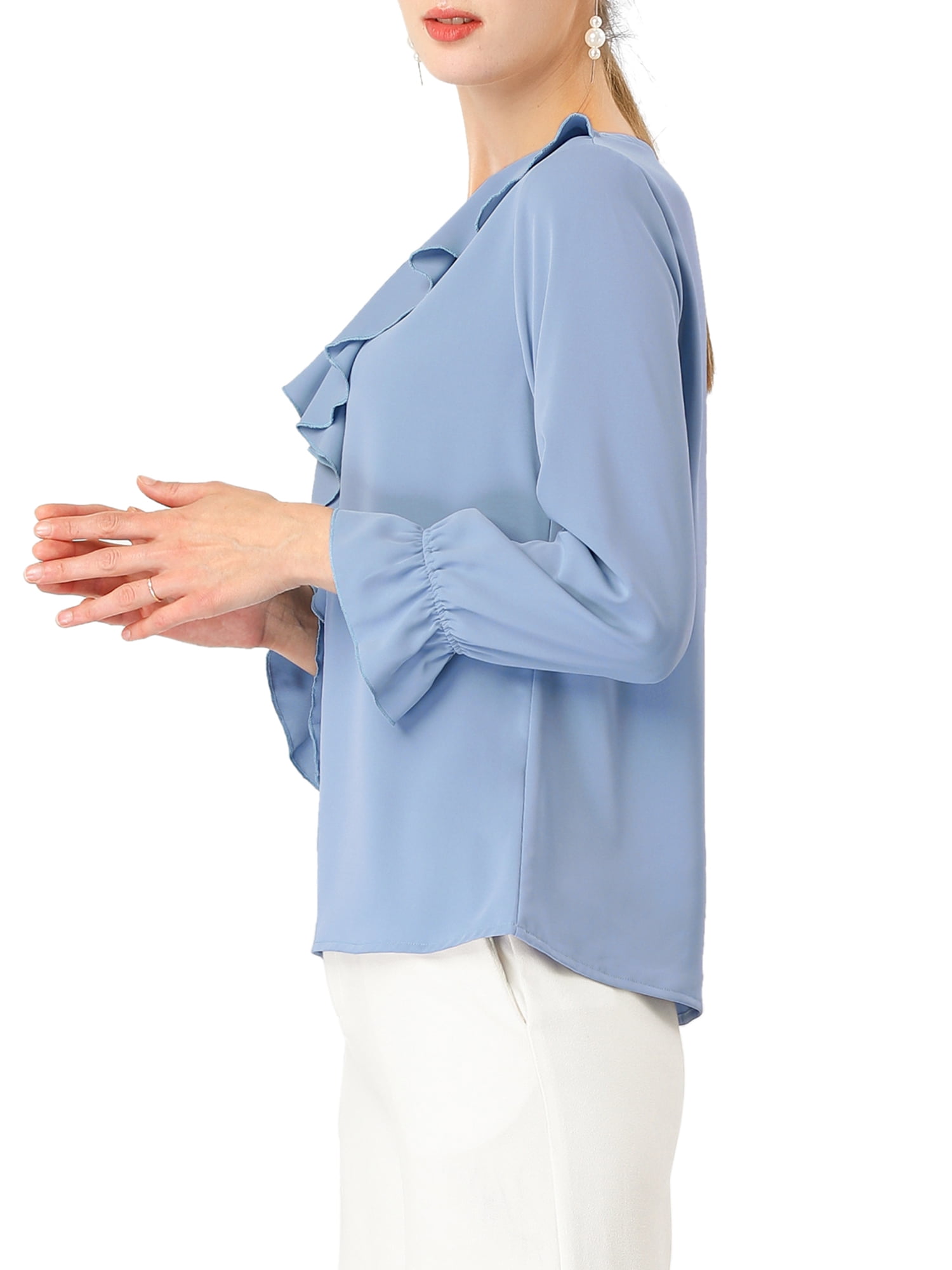 Unique Bargains Women's Ruffle V Neck Chiffon Work Office Peasant Blouse S Baby Blue