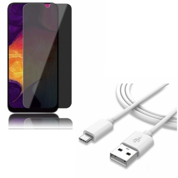 Galaxy A50/A20 Tempered Glass Privacy Screen Protector w Type-C USB Cable - Anti-Spy Anti-Peep 3D Edge, OEM Charger Cord Power for Samsung Galaxy A50/A20