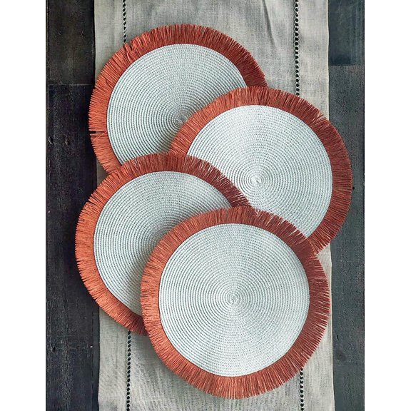 Fennco Styles Handwoven Fringe Boho Placemats 15" Round, Set of 4 - Terracotta Braided Texture Table Mats for Home, Dining Room, Banquets, Family Gathering and Special Occasion