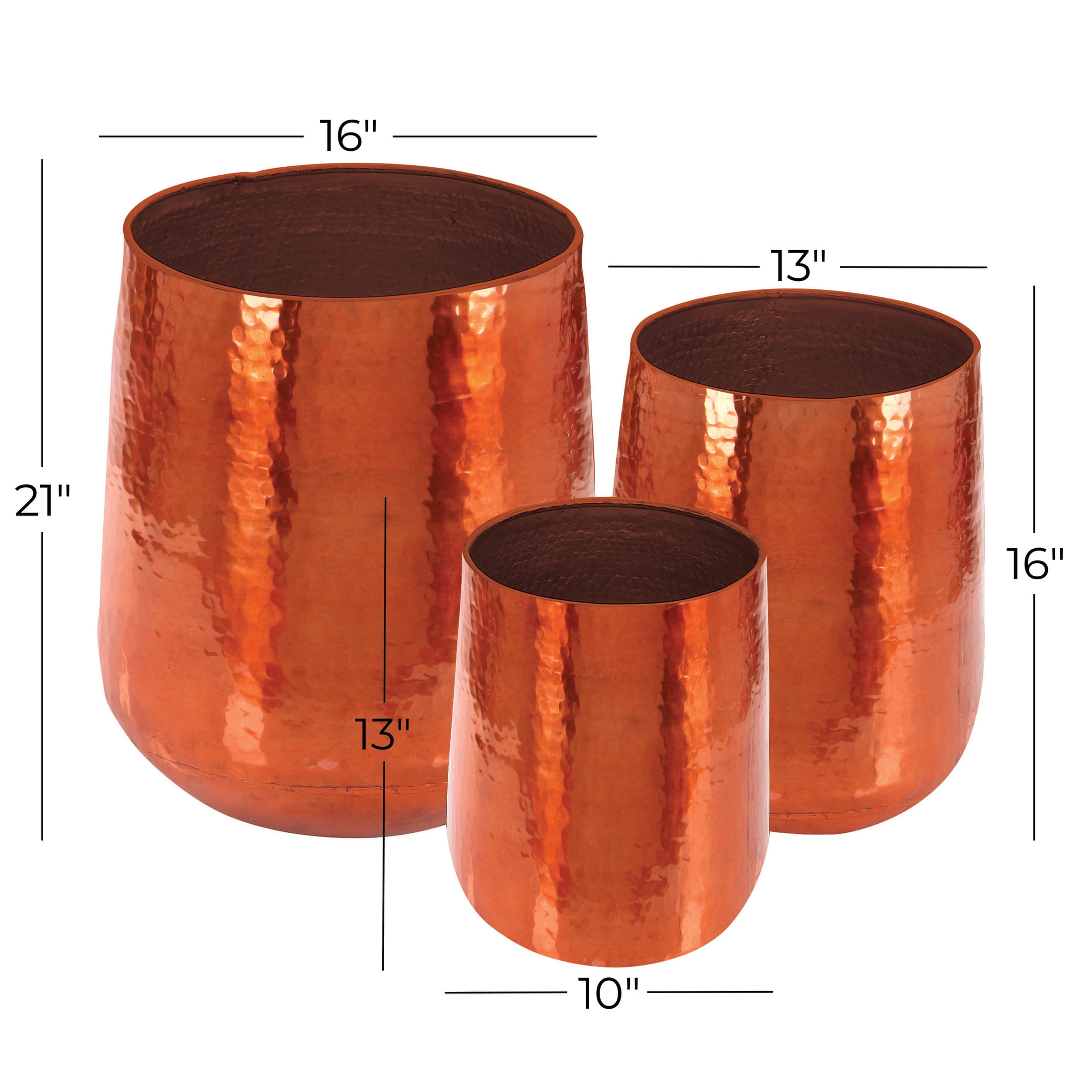 DecMode Copper Aluminum Metal Large Hammered Indoor Outdoor Planter, Set of 3 21", 16", 13"H