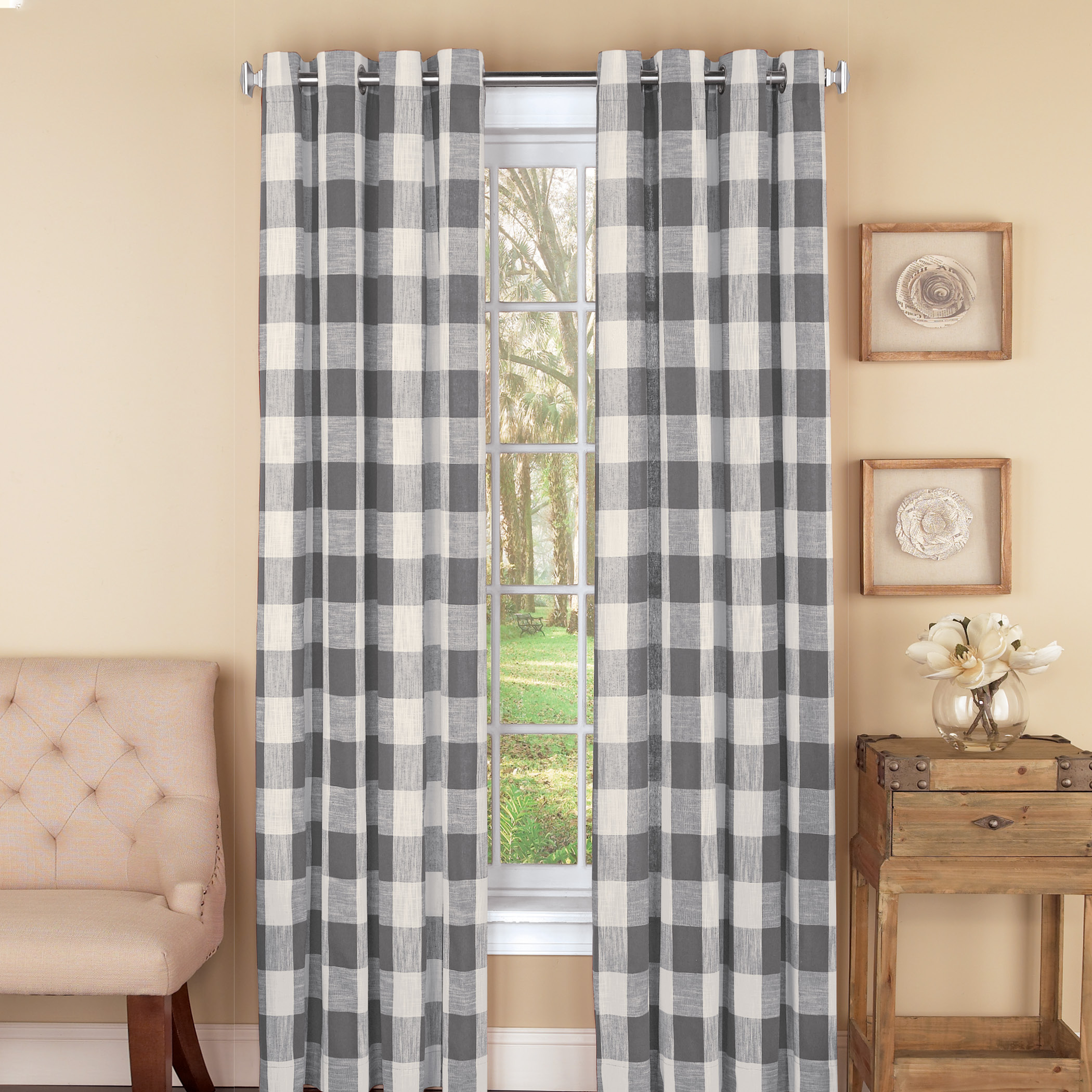 Collections Etc Checked Curtain Panel BLACK 53"X84"