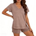 thumbnail image 5 of Bloomae Womens Two Piece Sets Summer V Neck Basic Solid Color Athletic Workout Short Sets Loose Casual Side Slit Short Sleeve Pullover Tops and Drawstring Elastic Waist Shorts with Pockets Brown L, 5 of 7