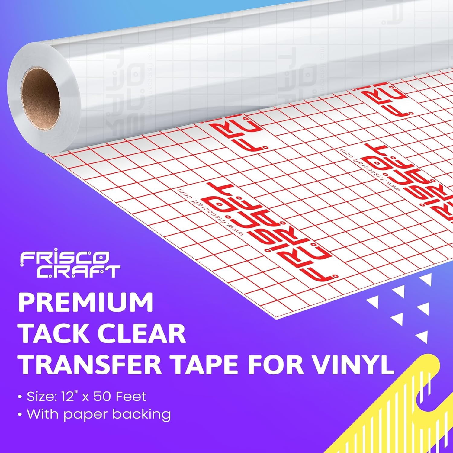 Premium Tack Clear Transfer Tape for Vinyl with Paper Backing - Perfect Self Adhesive Signs, Decals, Holographic & More (Original Clear, 12" x 50 ft)
