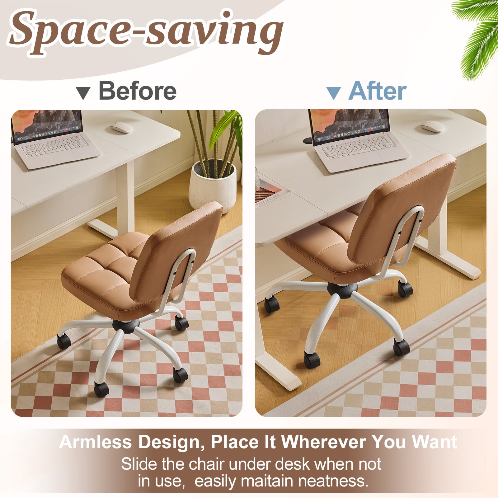 Ktaxon Armless Office Chair with Star Base PU Swivel Task Chair with 9-Grid Design for Study Room or Dressing Area Brown