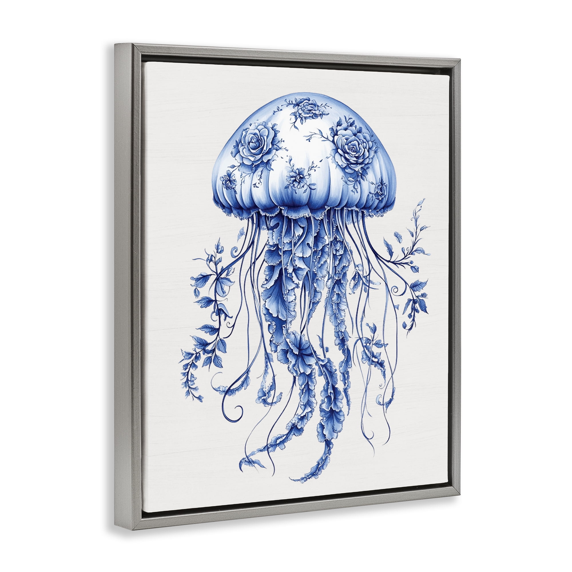 Funky Toile Jellyfish Gray Framed Floater Canvas Wall Art, design by Lettered and Lined