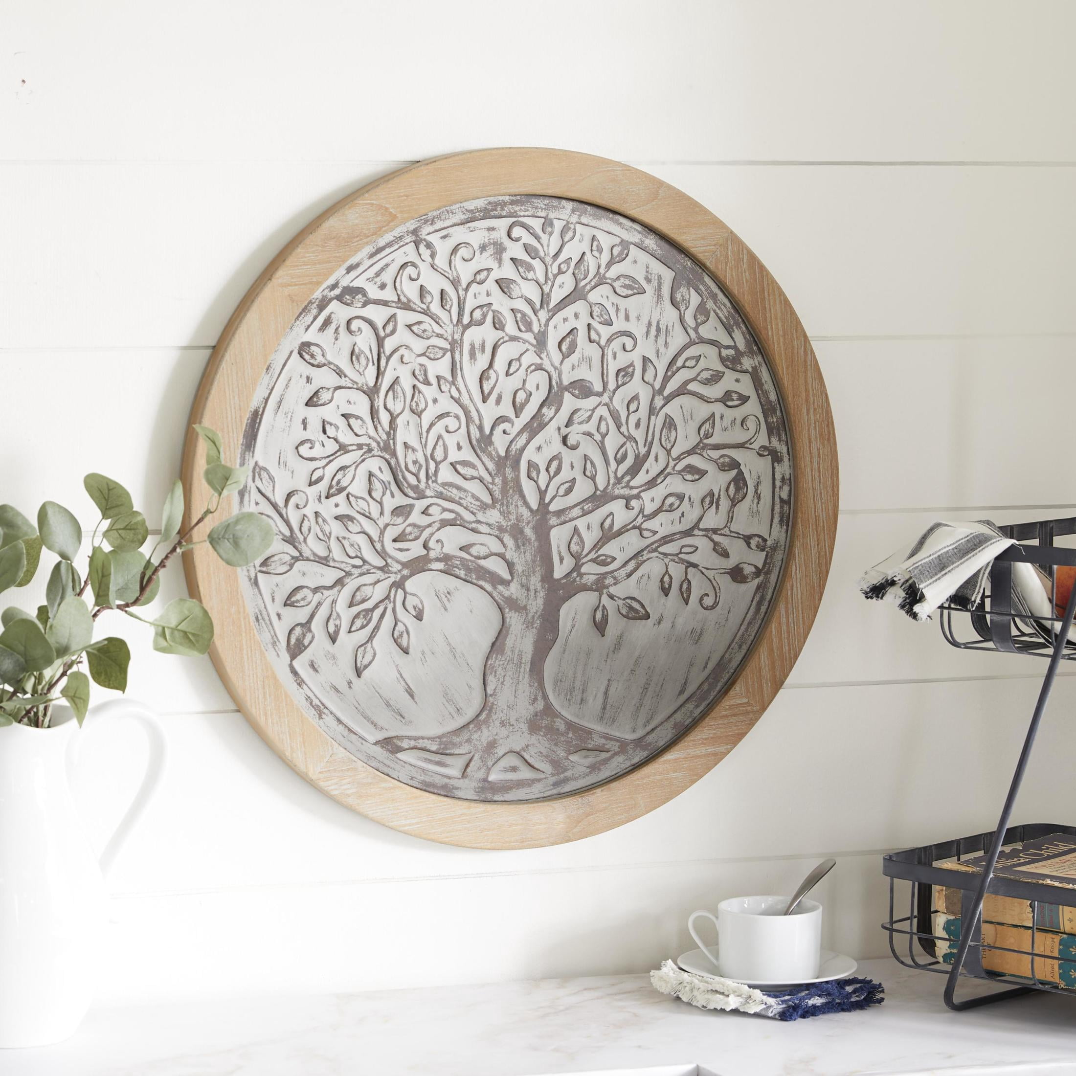 DecMode Brown Wooden Embossed Tree Wall Decor