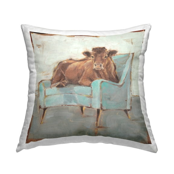 Stupell Industries Brown Cattle on a Blue Chair Funny Chic Farmhouse Country Multi-Color,18 x 7 x 18 Decorative Pillows