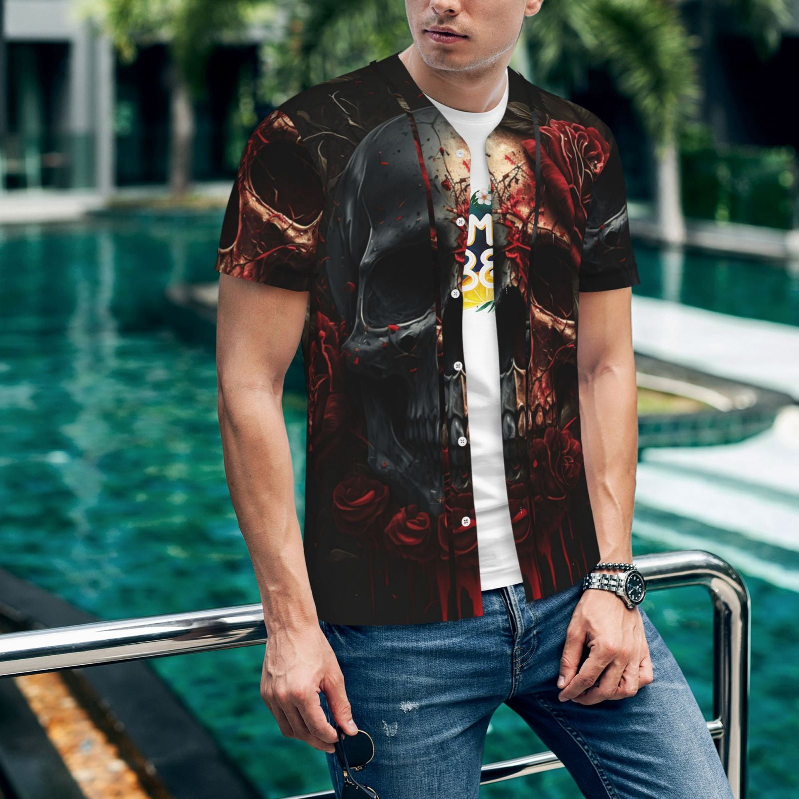 Mens Graphic Baseball T Shirt Short Sleeve Summer Casual Tee Top Jersey, Blood Skull Roses