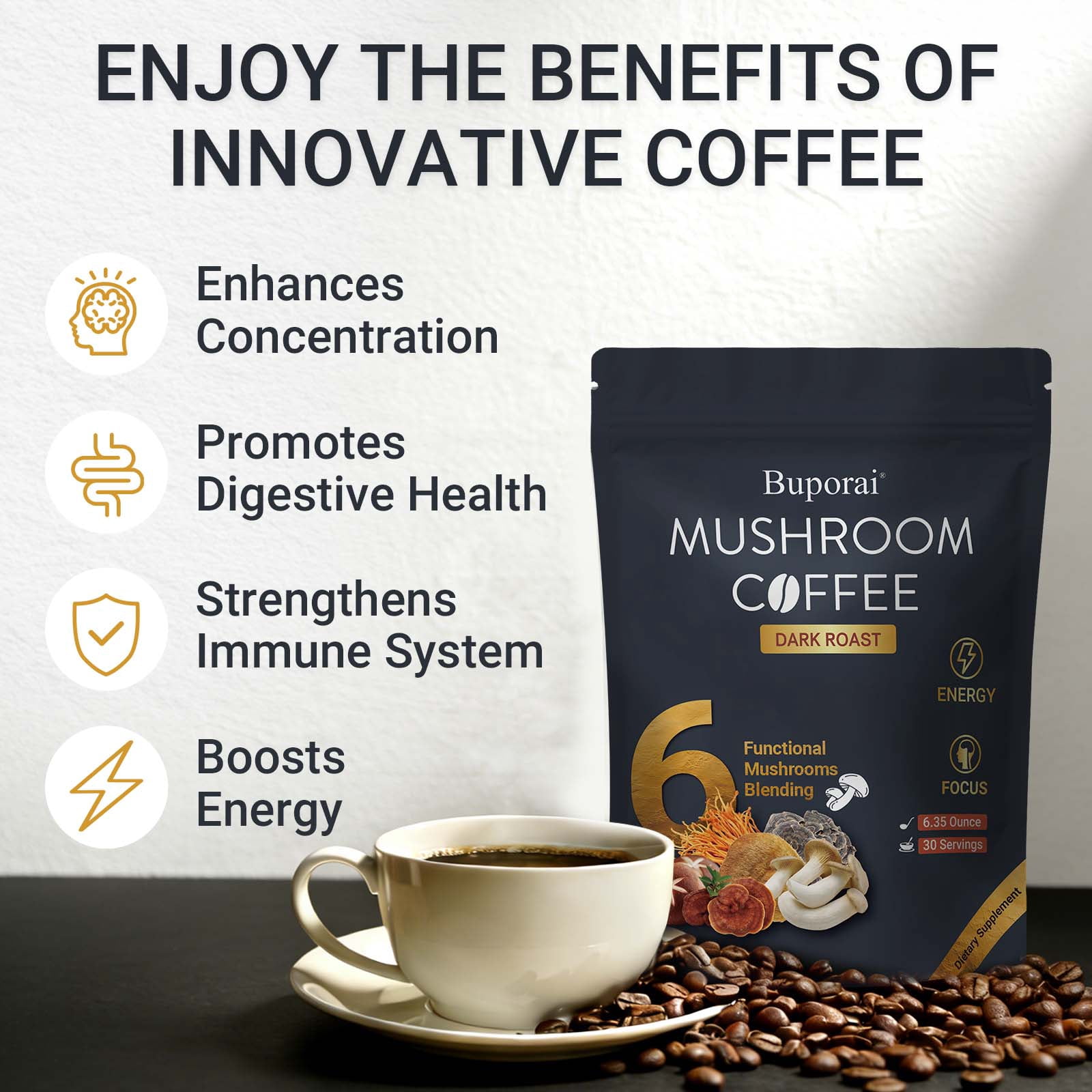 Mushroom Coffee Dark Roast - with 6 Mushrooms & Instant Coffee - Lion’s Mane, Cordyceps - for Energy, Focus, Digestion - 30 Servings