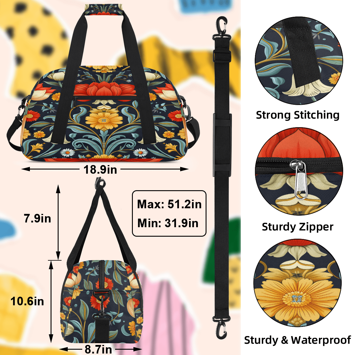 Herdesigns Retro Floral Sports Duffle Bag for Women & Men, Vintage Boho Flower Gym Bag Dance Bag Overnight Bag Carry On Weekender Travel Bag