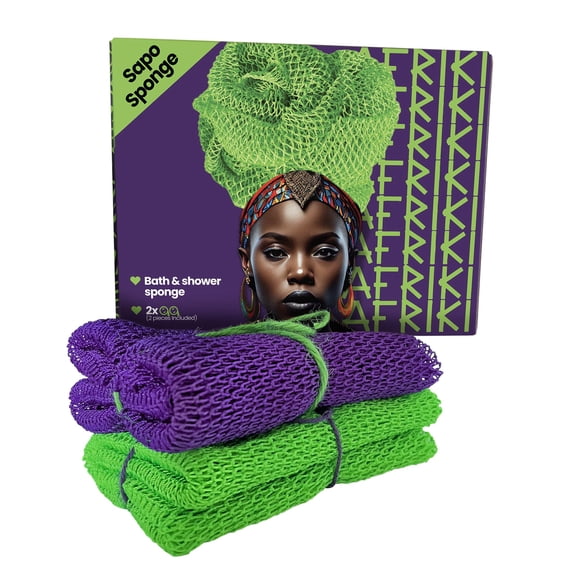 AFRIKI Esponja de red africana, esponja exfoliante africana, de propiedad negra, exfoliante corporal, exfoliante para baño y ducha, exfoliante de espalda, removedor de piel muerta (verde morado, 1 uni