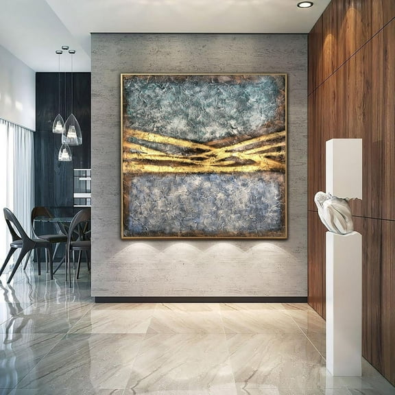 46x46" Original Colorful Abstract Paintings On Canvas Gold Leaf Wall Art Blue Painting Hand Painted Artwork Luxury Painting for Living Room