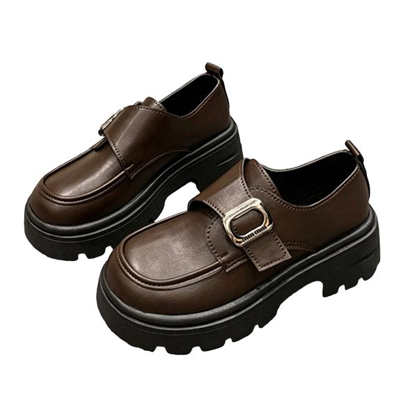 Gpaecead Women's Monk Strap Platform Mary Jane Shoes Faux Leather Slip On Non Slip Shoes For Work, School And Casual Brown