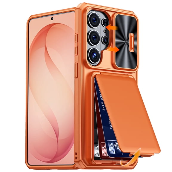 ELEHOLD For Samsung Galaxy S26 Ultra Rugged Flip Wallet Case with Sliding Lens Camera Cover, Shockproof Heavy Duty Card Slots Kickstand Protective Cover ,Orange