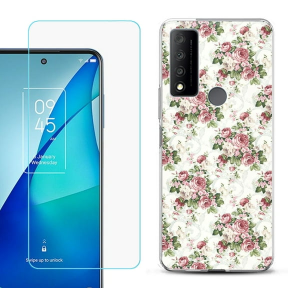 Slim-Fit Gel TPU Phone Case for TCL 4X 5G, with Tempered Glass Screen Protector, by OneToughShield ® - Floral/Rose