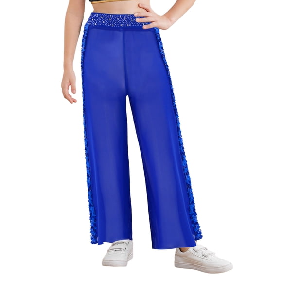 dPois Girls Mesh Flare Pants for Skating Hip Hop Jazz Dance Trousers Wide Leg Bell Bottoms Streetwear Blue 10