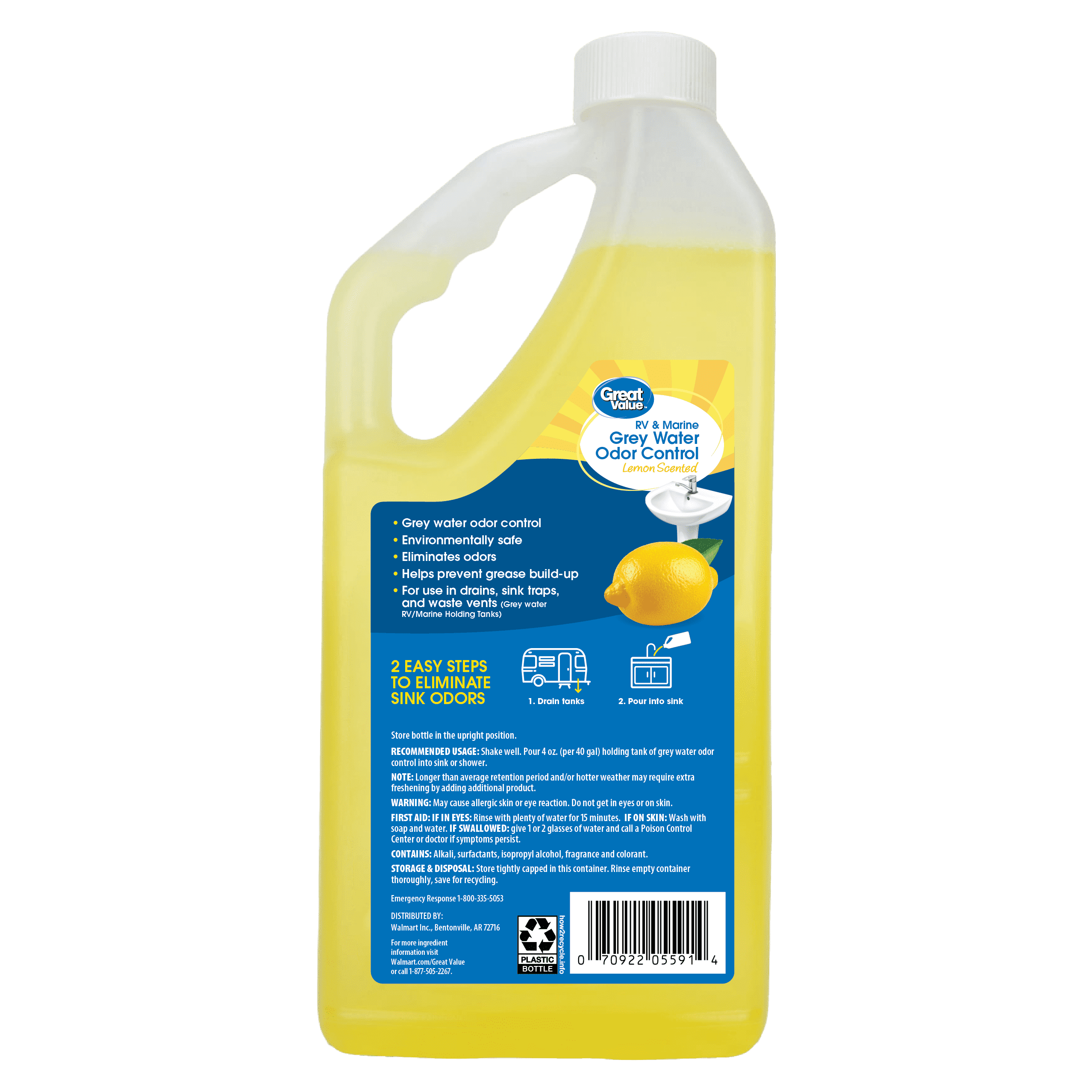(3 pack) Great Value RV and Marine Grey Water Odor Control, Lemon Scent, 32 fl oz