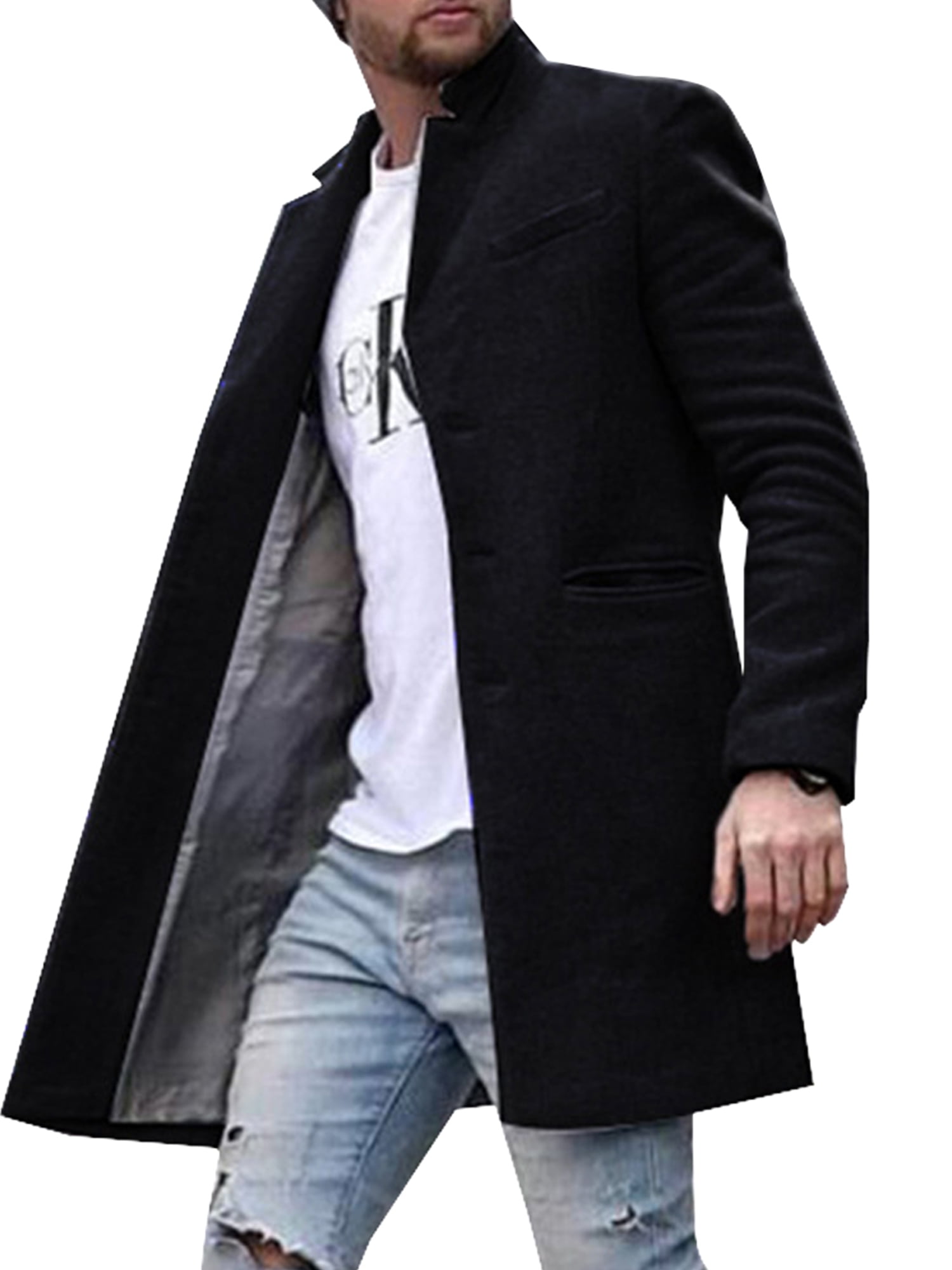 Mens Plain Winter Overcoat Long Sleeve Warm Jackets Outerwear Pockets ...