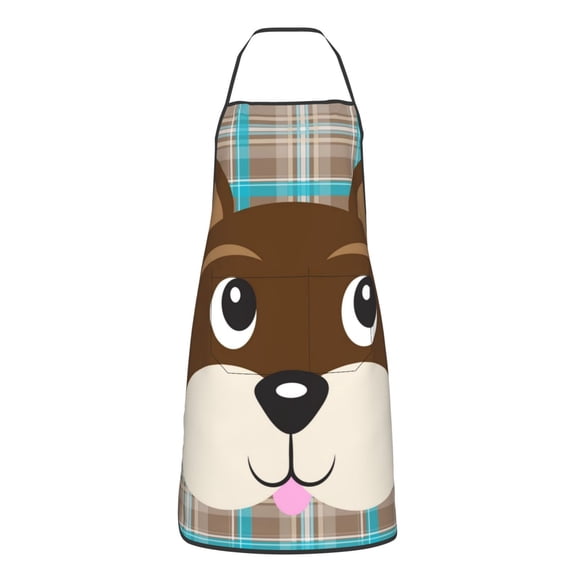 XMXY Chef Aprons with Pockets for Women Men, Dog Face Plaid Pattern Waterproof Cooking Kitchen Aprons, 28.3 x 20.4 inches