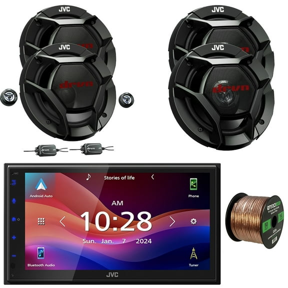 JVC KW-M695BW 6.8" WSVGA LCD Display Single-DIN Bluetooth USB/MP3 Digital Media Shallow Chassis Multimedia SiriusXM Ready Receiver, 2x 6.5" 360W Max Component Speakers, 2x 6.5" 2-Way Speakers W/Wire