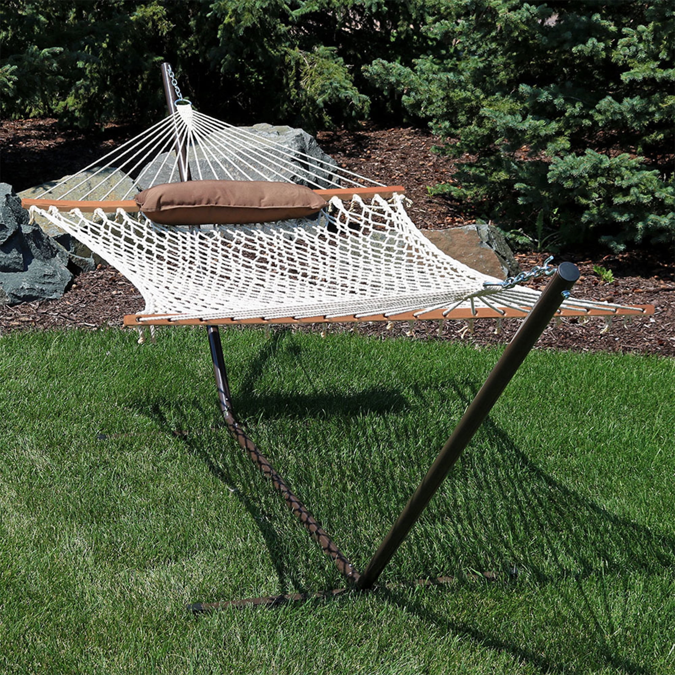 Sunnydaze 2-Person Polyester Rope Hammock with Stand and Pad, 275 lb Capacity - Desert Stripe