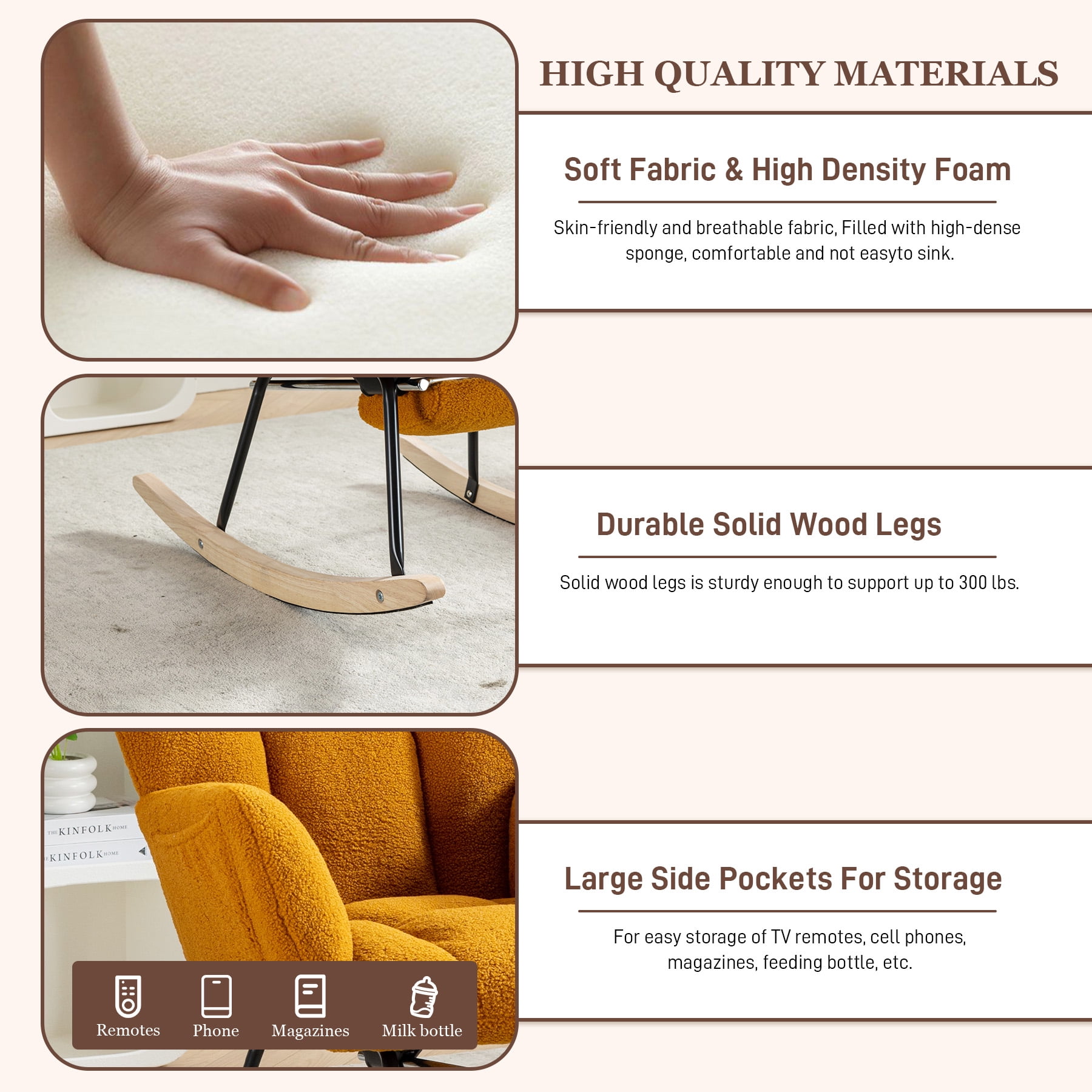 WIILAYOK Rocking Chair with Foot Rest,Teddy Upholstered Glider Chair with High Back Side Pocket Accent Rocker Arm Chair for Living Room Bedroom Office,Caramel