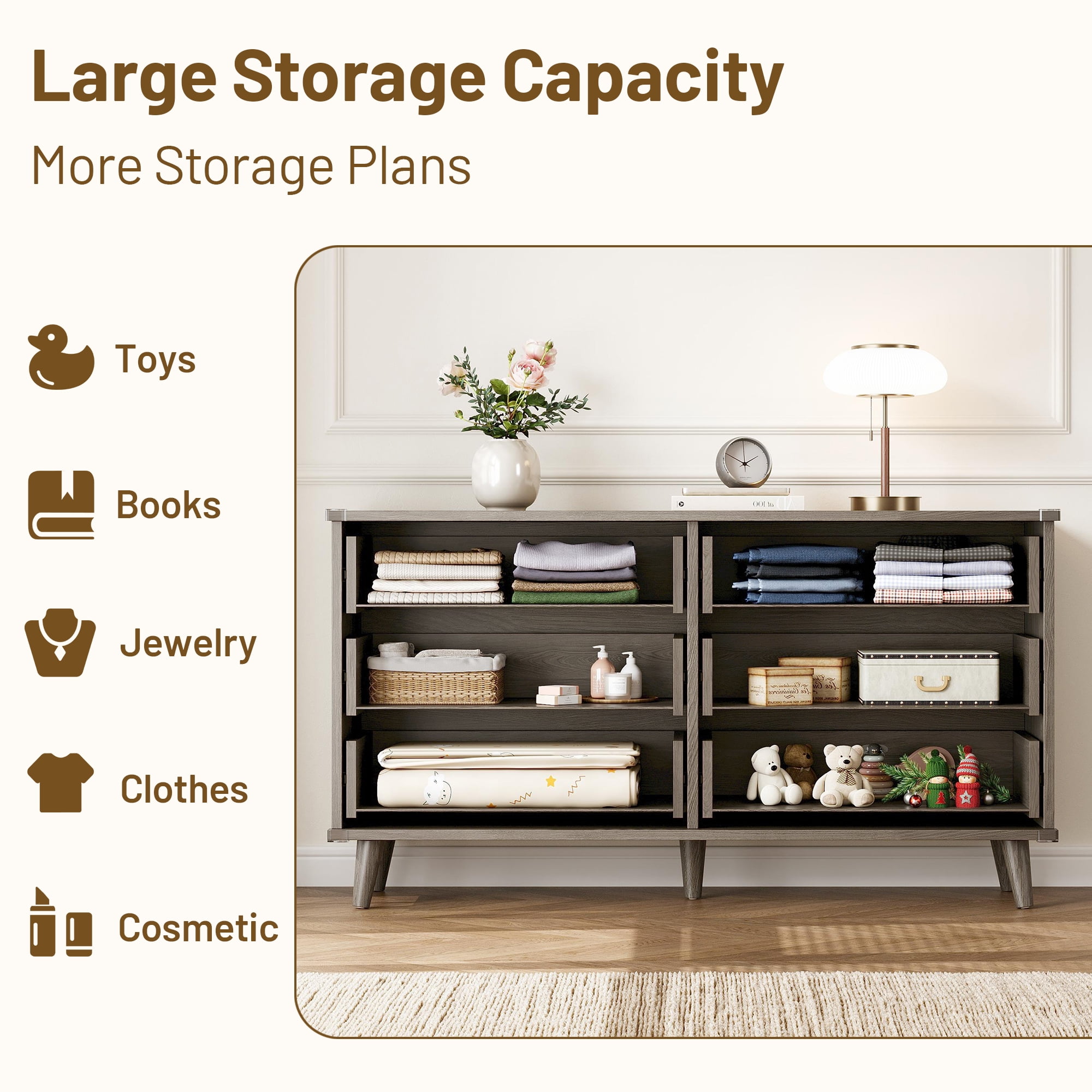 Aufeile 6 Drawer Dresser for Bedroom, 53" Wood Dresser & Chest of Drawers with Fluted Design, Bedroom Dressers for Adults & Dresser Organizer, Long Dresser with Storage, Dark Gray Oak
