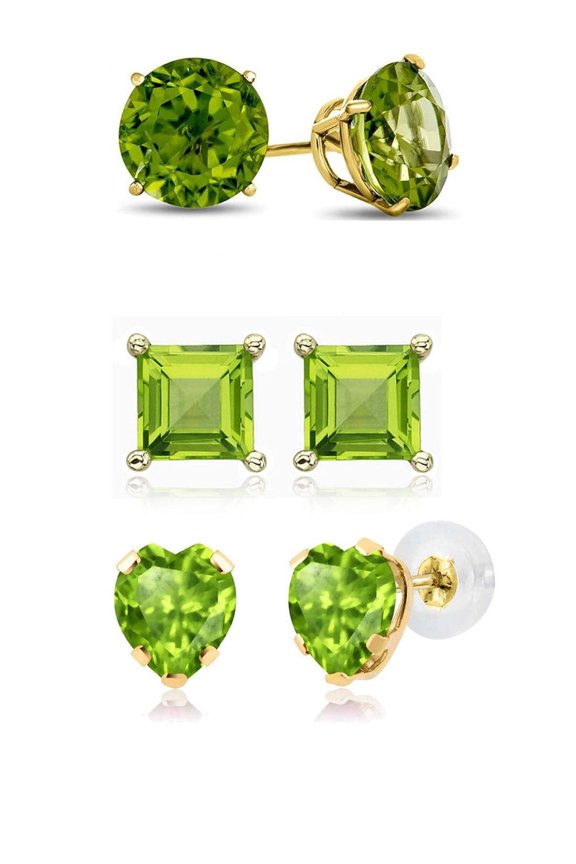 18k Yellow Gold Created Peridot 3 Pair Round, Square And Heart Stud Earrings Plated 4mm