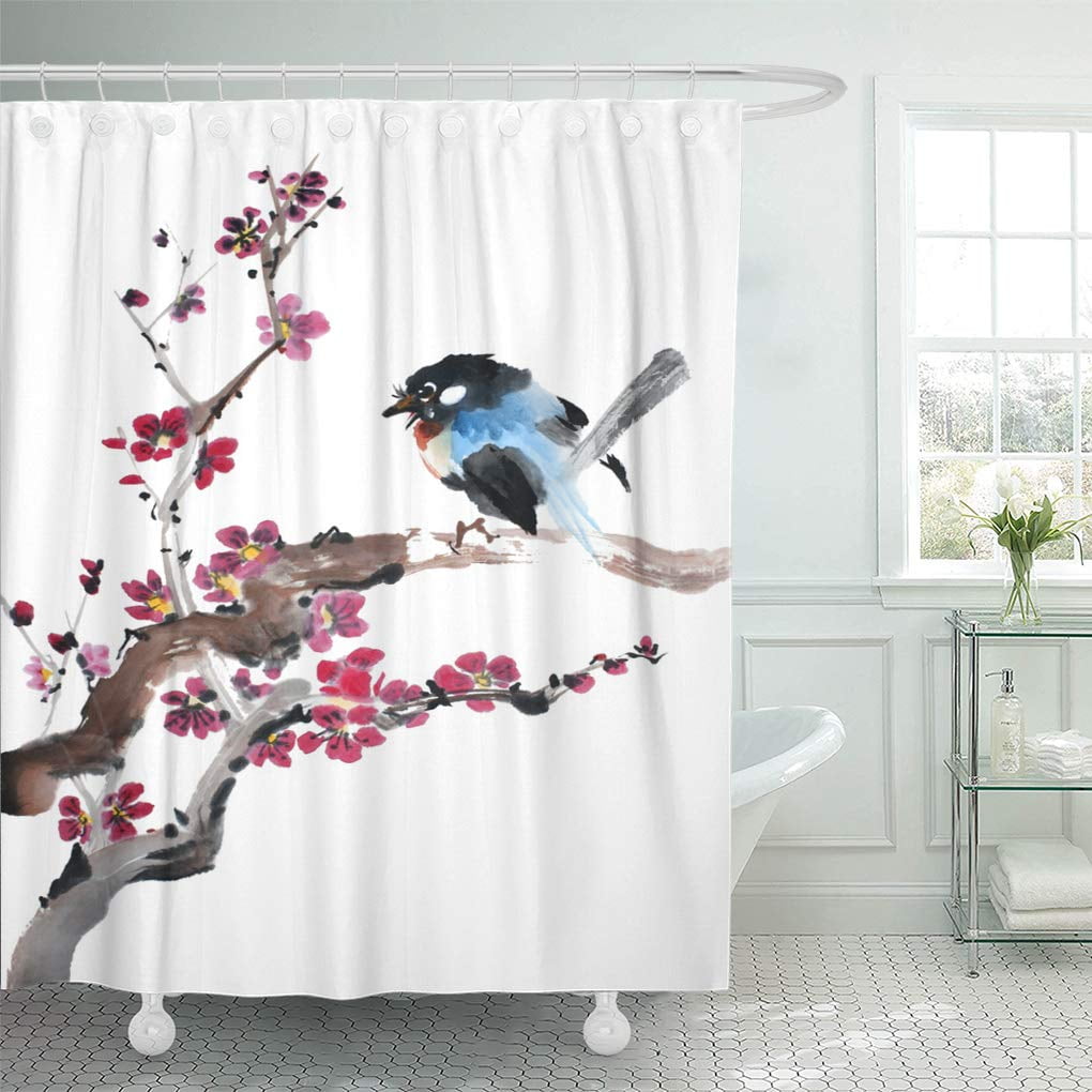 SUTTOM Blue Original Watercolor Painting of Song Bird Shower Curtain