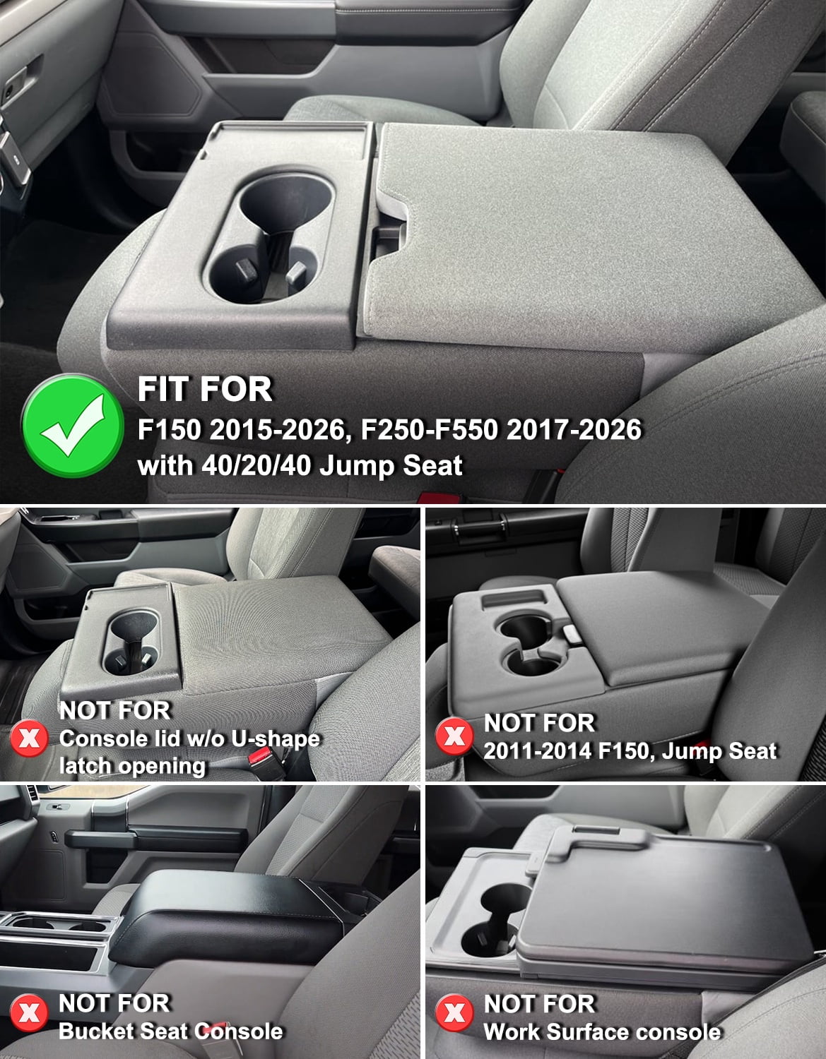 KBH Center Console Armrest Cover for Ford F150 2015-2025, 2017-2025 F250 F350 F450 F550 with Jump Seat Console, Soft Cozy Nylon Middle Console Cover for Truck Interior Accessories, Black