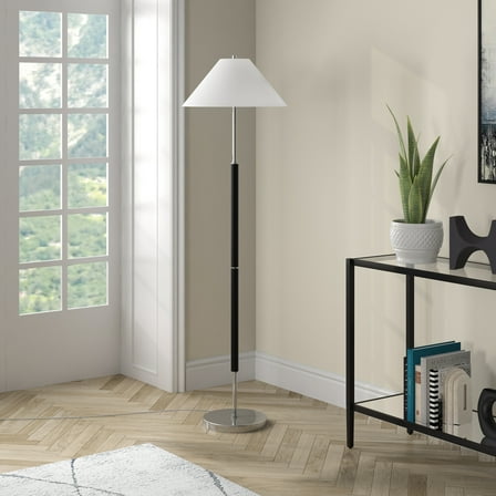 Simona 2-Light Floor Lamp with Fabric Shade in Matte Black/Polished Nickel