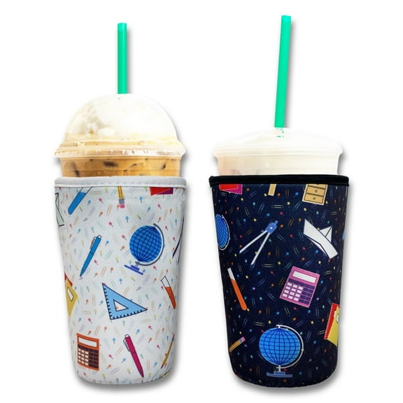 Baxendale and Co 2-Pack Medium (22-24oz) Reusable Neoprene Insulator Sleeve for Iced Coffee or Cold Beverage Cups (Teacher)