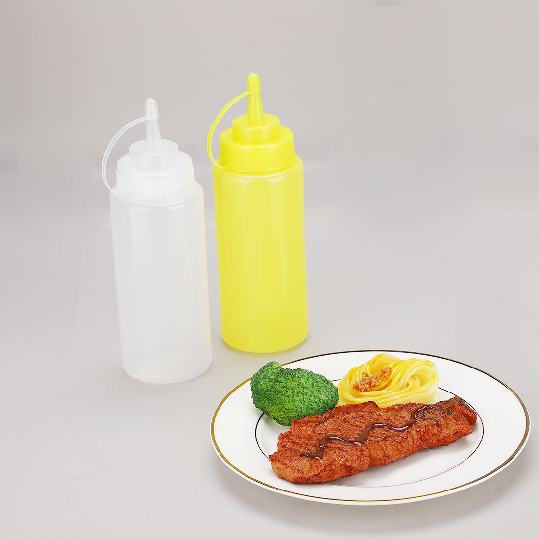 2 Pcs White Yellow 12oz Squeeze Bottle Ketchup Mustard BBQ Containers Kitchen Condiment