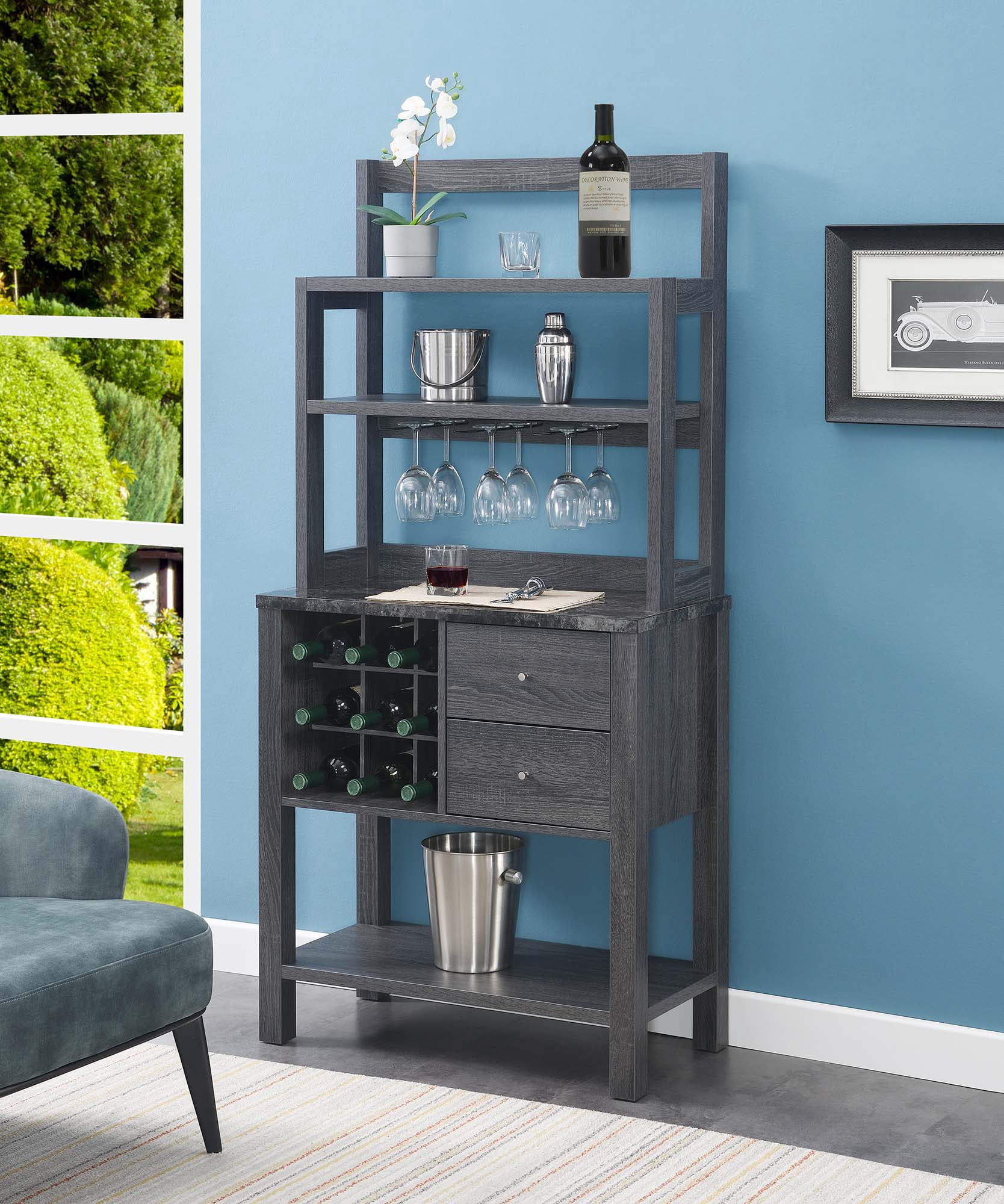 Convenience Concepts Newport Serving Bar, Faux Black Marble/Weathered Gray
