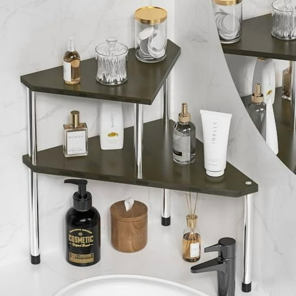 Bathroom Counter Organizer Corner Shelf - 2 Tier Bathroom Organization Bamboo Bathroom Sink Shelf Kitchen Countertop Organizer Adjustable Free-Standing Counter Storage Shelf(Antique)