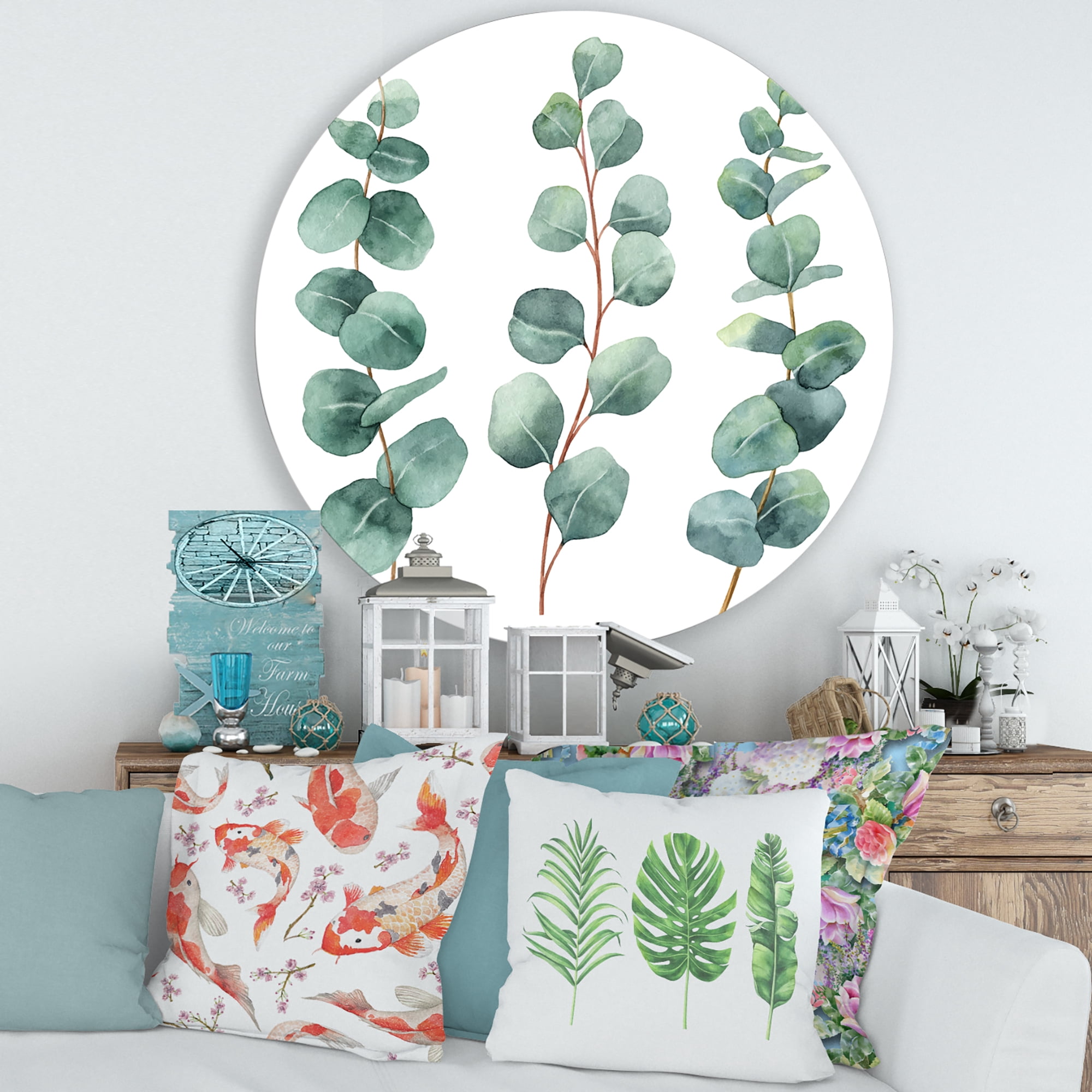 Designart 'Young Eucalyptus Branches and Leaves I' Traditional Circle Metal Wall Art 36x36 - Disc of 36