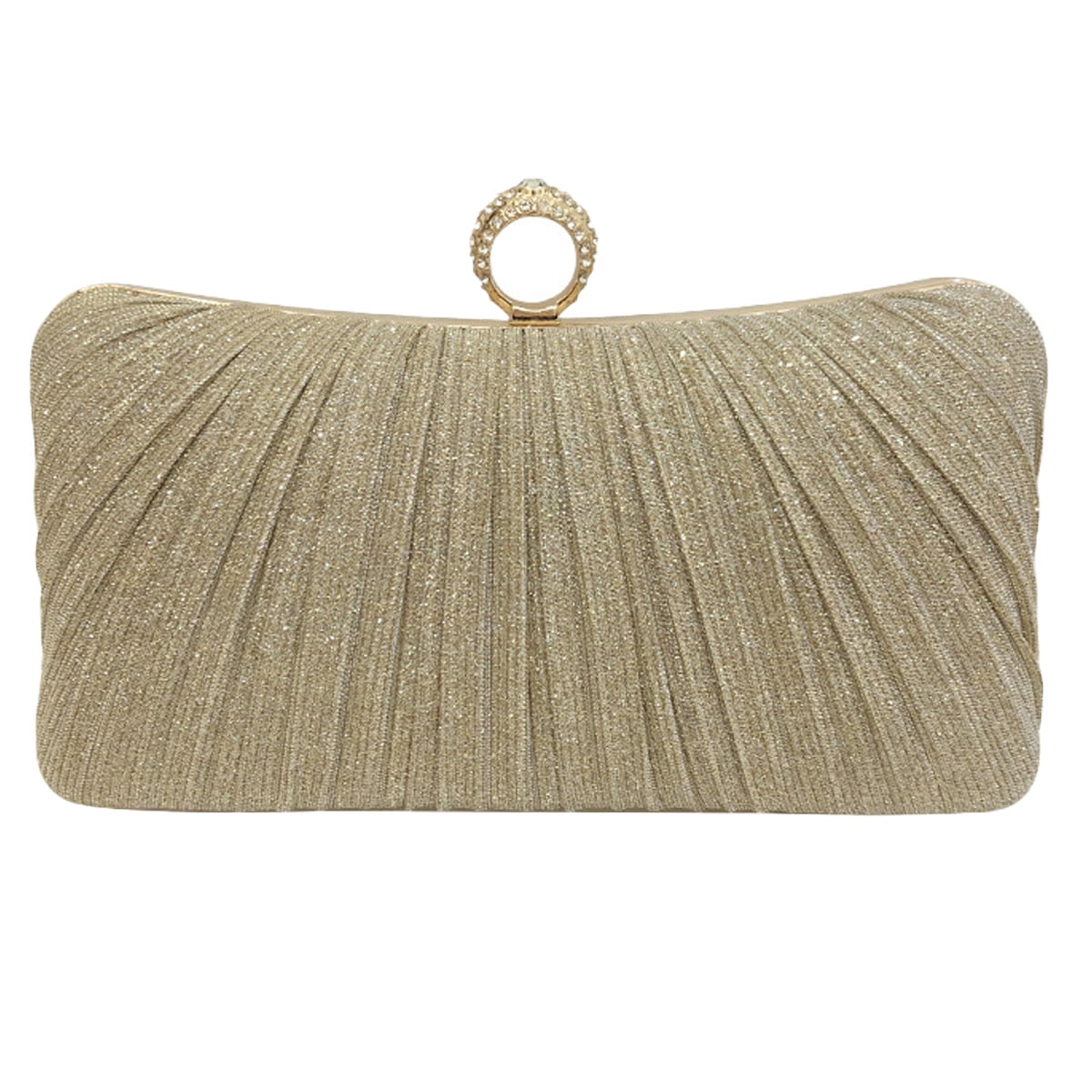 Women s Golden Glitter Clutch Purse Pleated Evening Bag for Bridal Wedding Party with Rhinestone Ring
