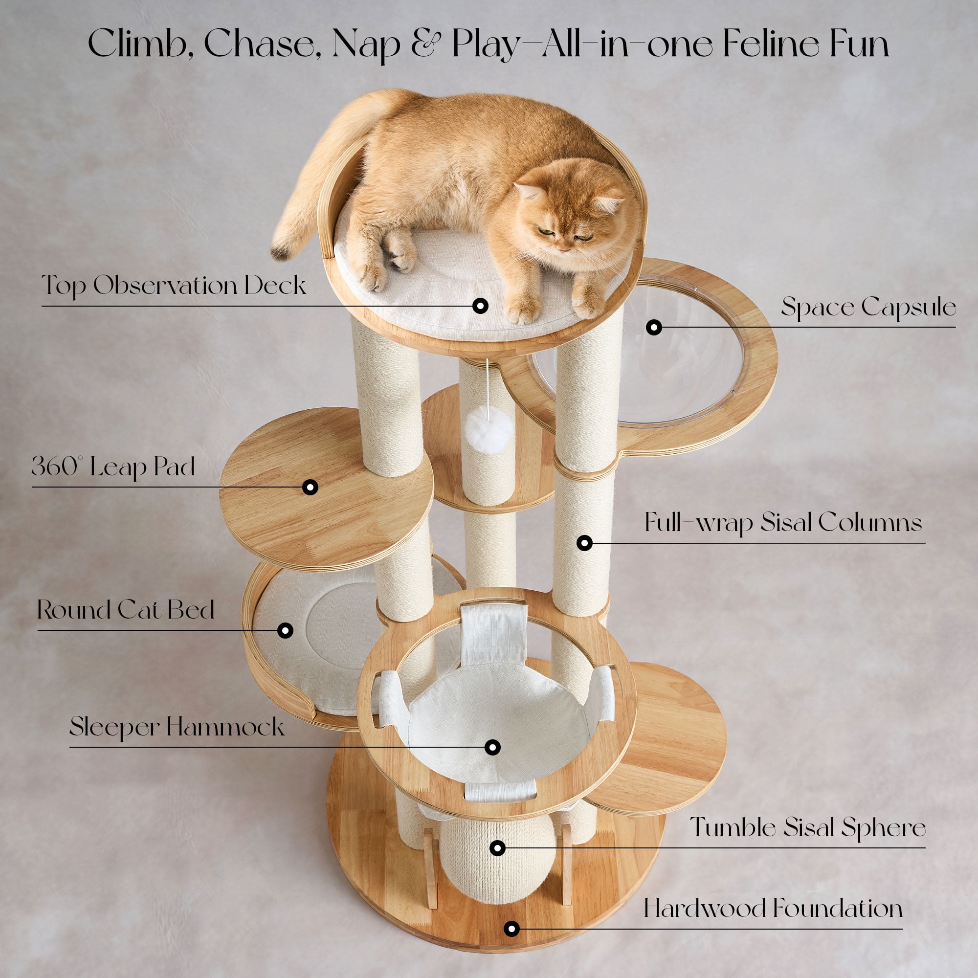Modern Solid Wood Cat Tree Tower, 54" Tall Cat Tree with Sisal Scratching Posts, Capsule&Hammock, Luxury Natural Oak Wooden Cat Tower, Aesthetic Multi-Level Cat Climbing Tree for Large Indoor Cats