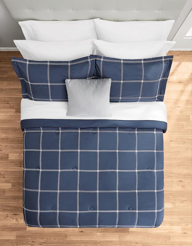 Mainstays Navy Windowpane 10 Piece Bed in a Bag Comforter Set with Sheets Queen