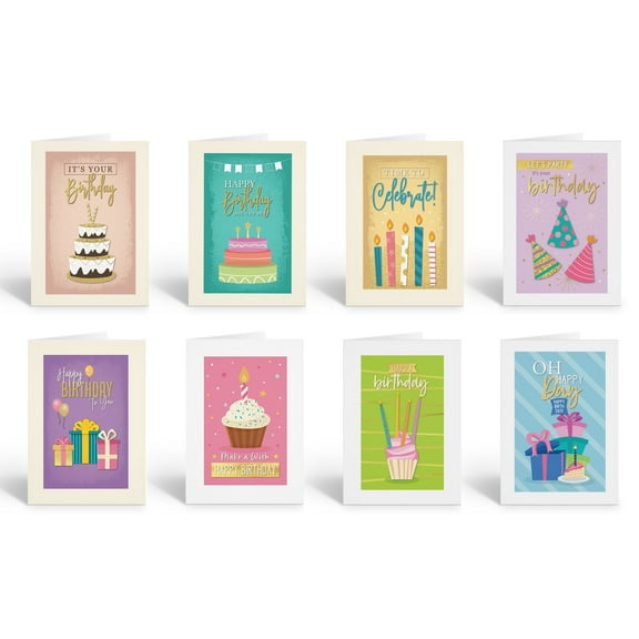 Stonehouse Collection | Birthday Cards Variety Pack | 8 Unique Designs with Cake