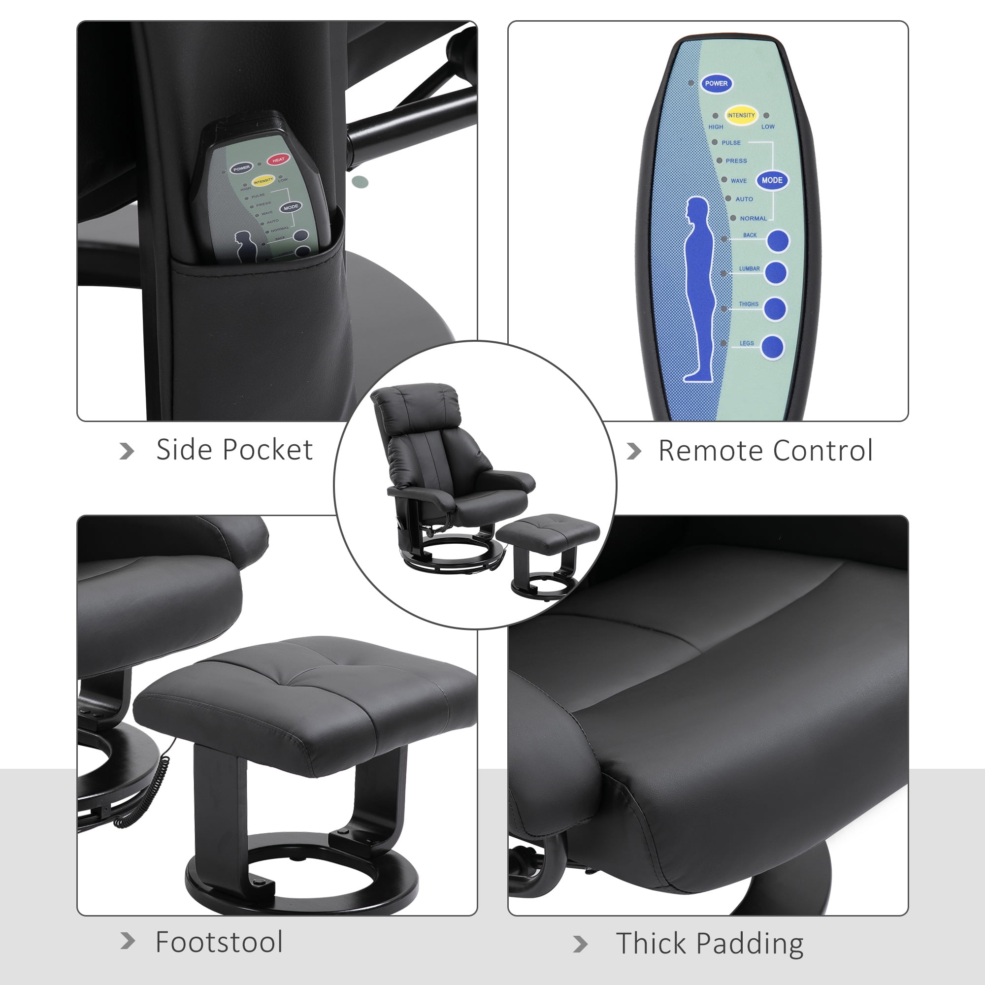 HOMCOM Massage Recliner Chair with Ottoman, 360° Swivel Recliner and Footstool, 10 Point Vibration, PU Leather Reclining Chair with Side Pocket and Remote Control, Black